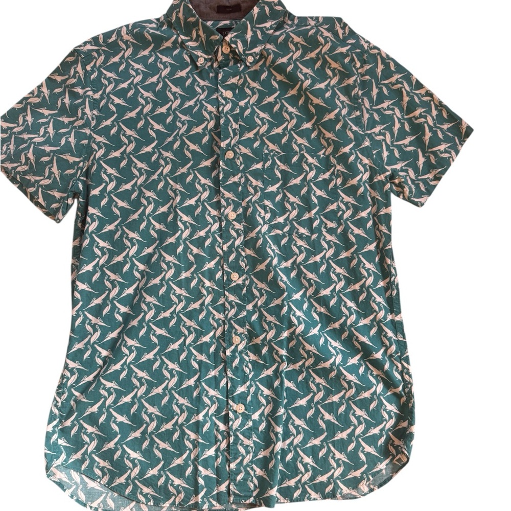 J. Crew Teal & White Crane Print Button-Down Shirt – Size Medium